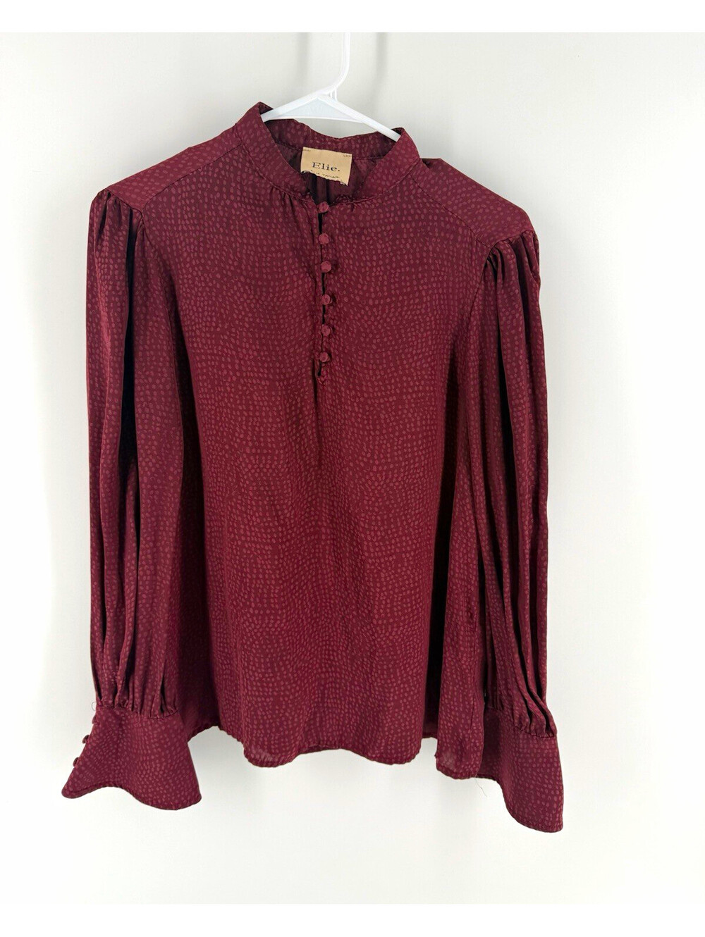 Elie Tahari Burgundy Polka Dot Mock Neck Long Sleeve Chiffon Button Blouse M